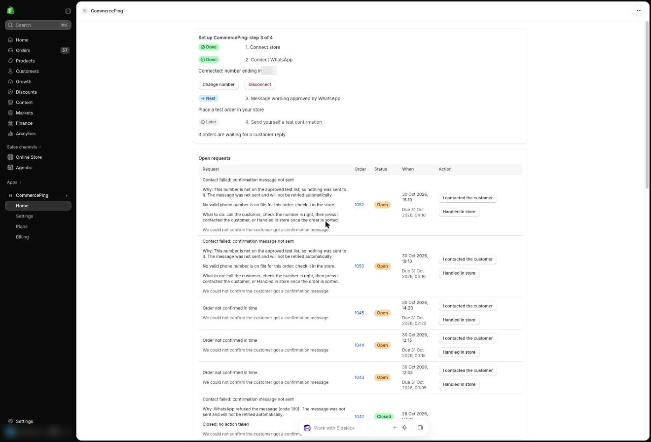 CommercePing Home in Shopify admin with the setup steps: connect store, connect WhatsApp, message wording, test confirmation