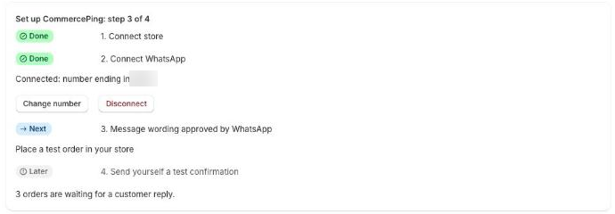 Setup card showing the store and WhatsApp steps done, with Change number and Disconnect buttons