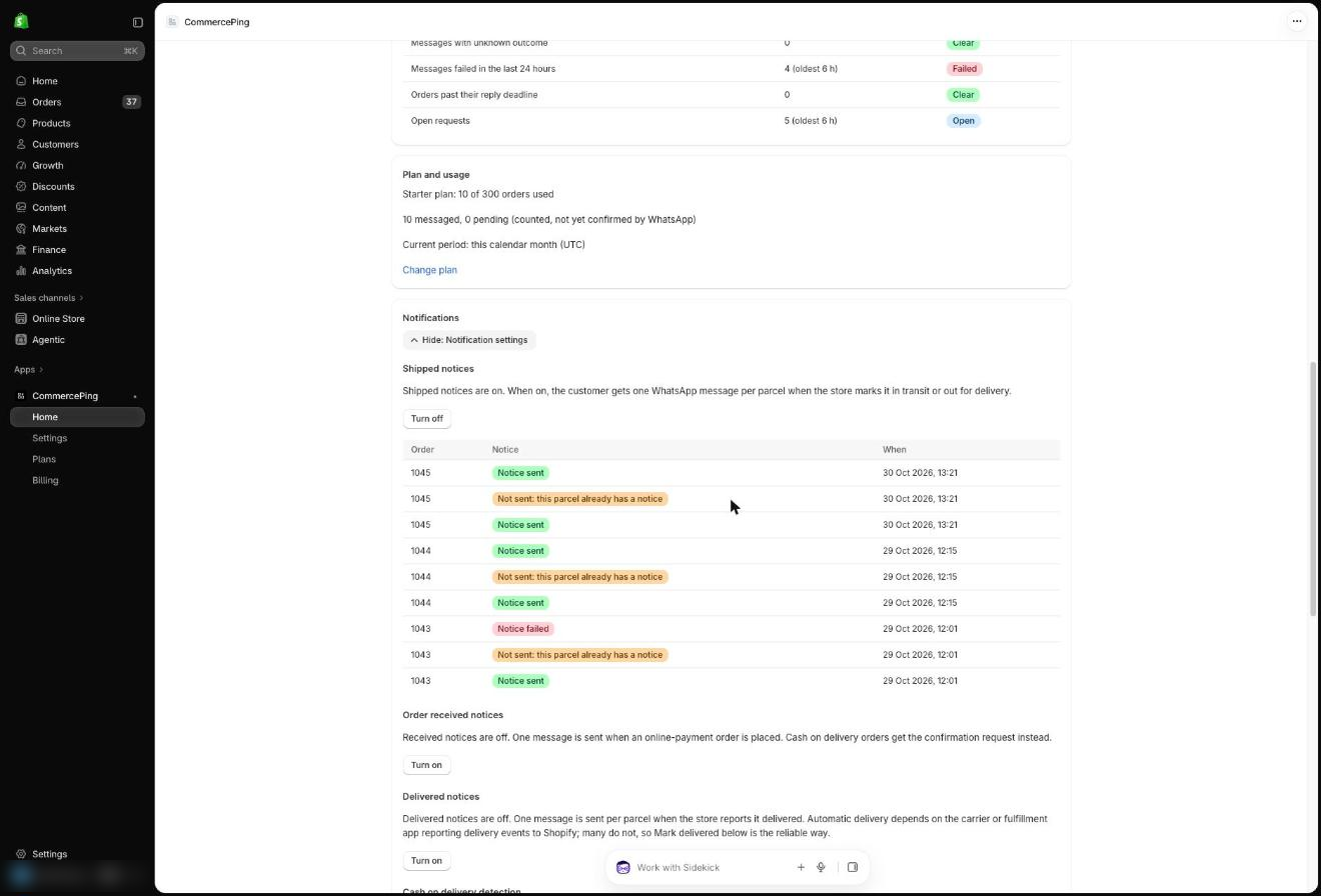 Home, Notifications section with Shipped, Order received and Delivered notice settings