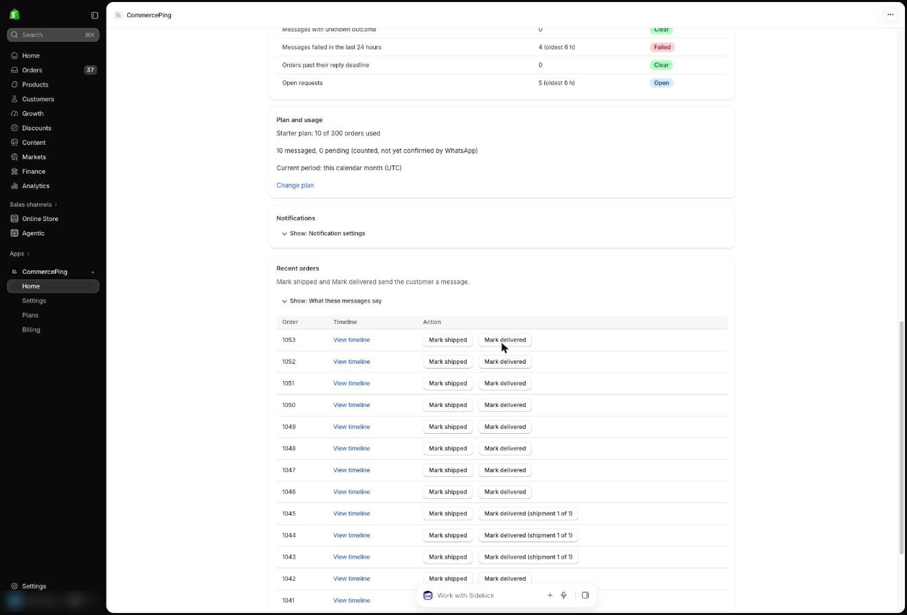 Recent orders list with View timeline, Mark shipped and Mark delivered for each order