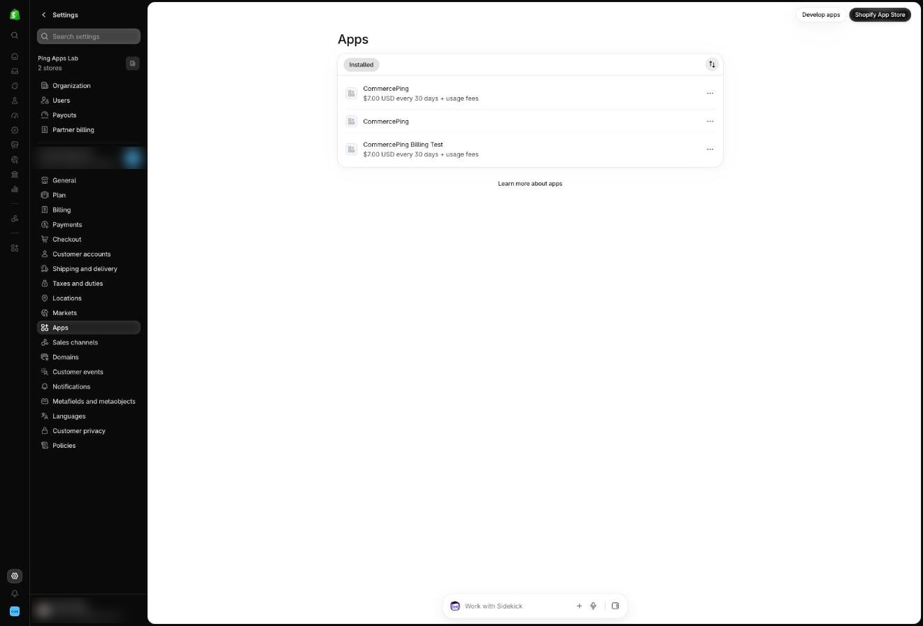 Shopify admin Settings, Apps, with CommercePing in the installed apps list