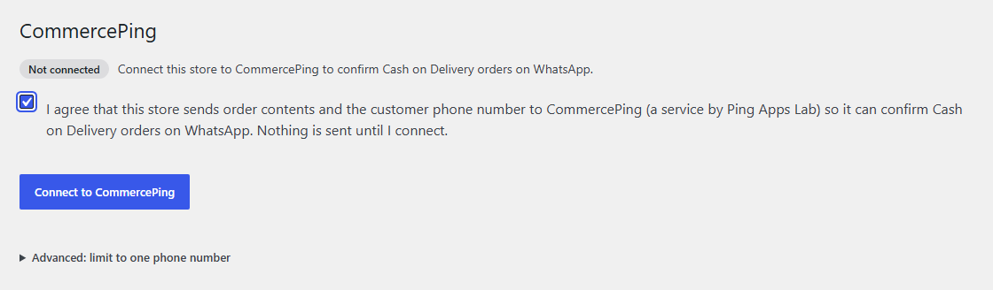 WooCommerce, CommercePing page before connecting