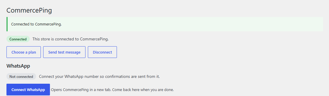 CommercePing page, WhatsApp section