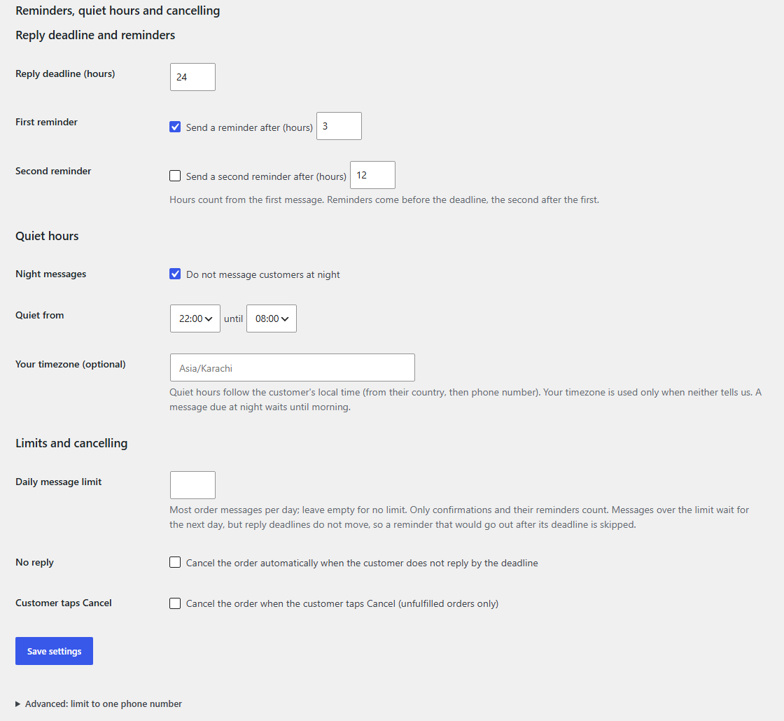 Reminders, quiet hours and cancelling settings
