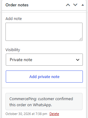 WooCommerce order screen with the CommercePing confirmation in the order notes