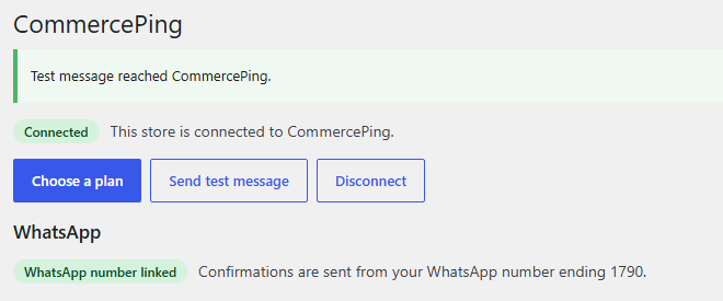 CommercePing page after Send test message, with the confirmation that the test message reached CommercePing