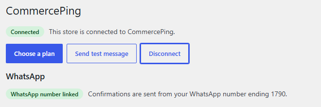 CommercePing page with the Disconnect button